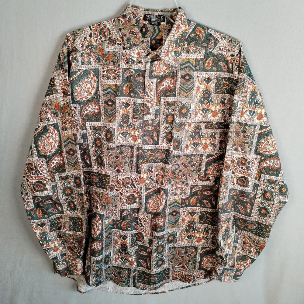 Vtg 90s Structure Patchwork Paisley Shirt Mens Large Cotton Geometric Abstract